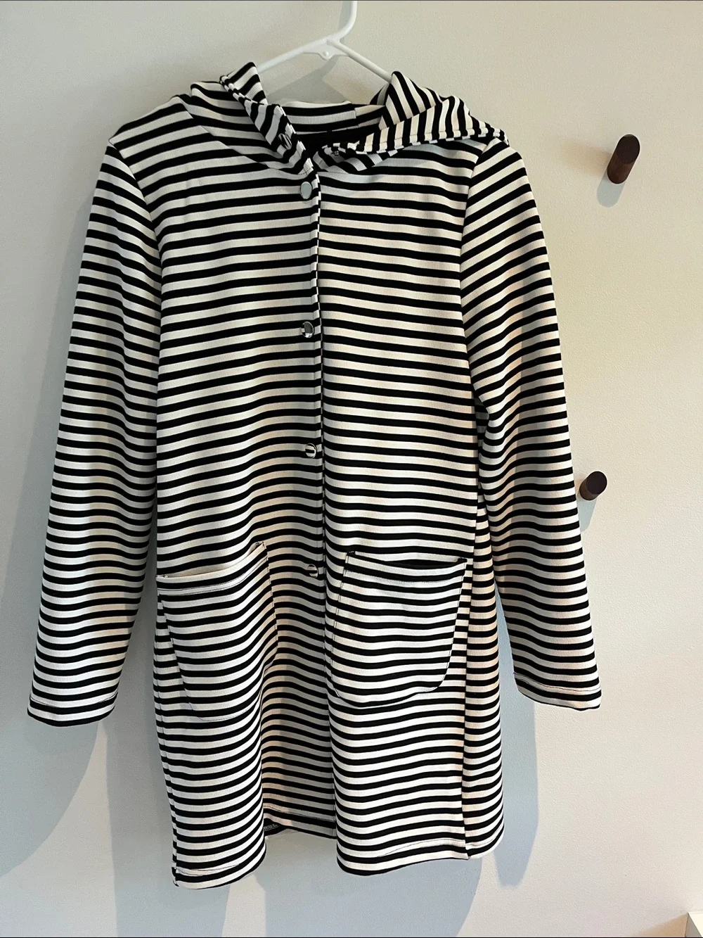 Black White Striped Hooded Jacket - S